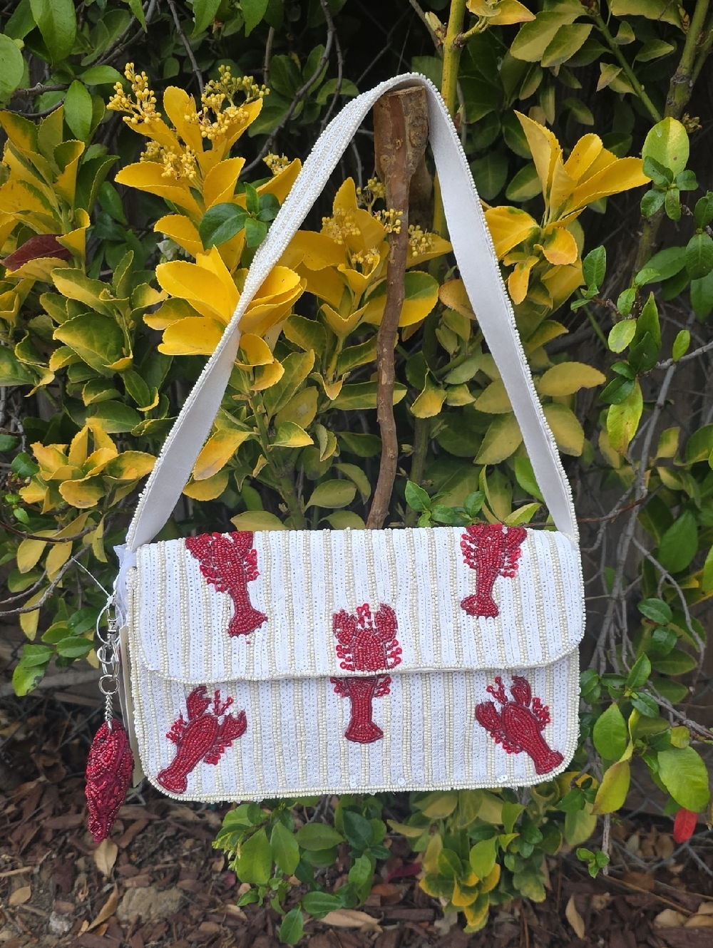Viral Beaded White Stripe and Red Lobster Shoulder Bag